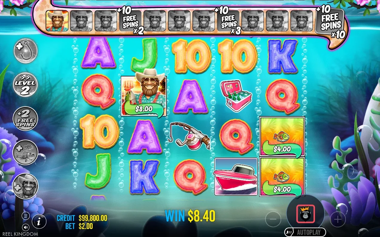 Bara de sus arată portrete de pescar strânse, praguri +10 Free Spins x2, x3, x10, câștig $8.40.
