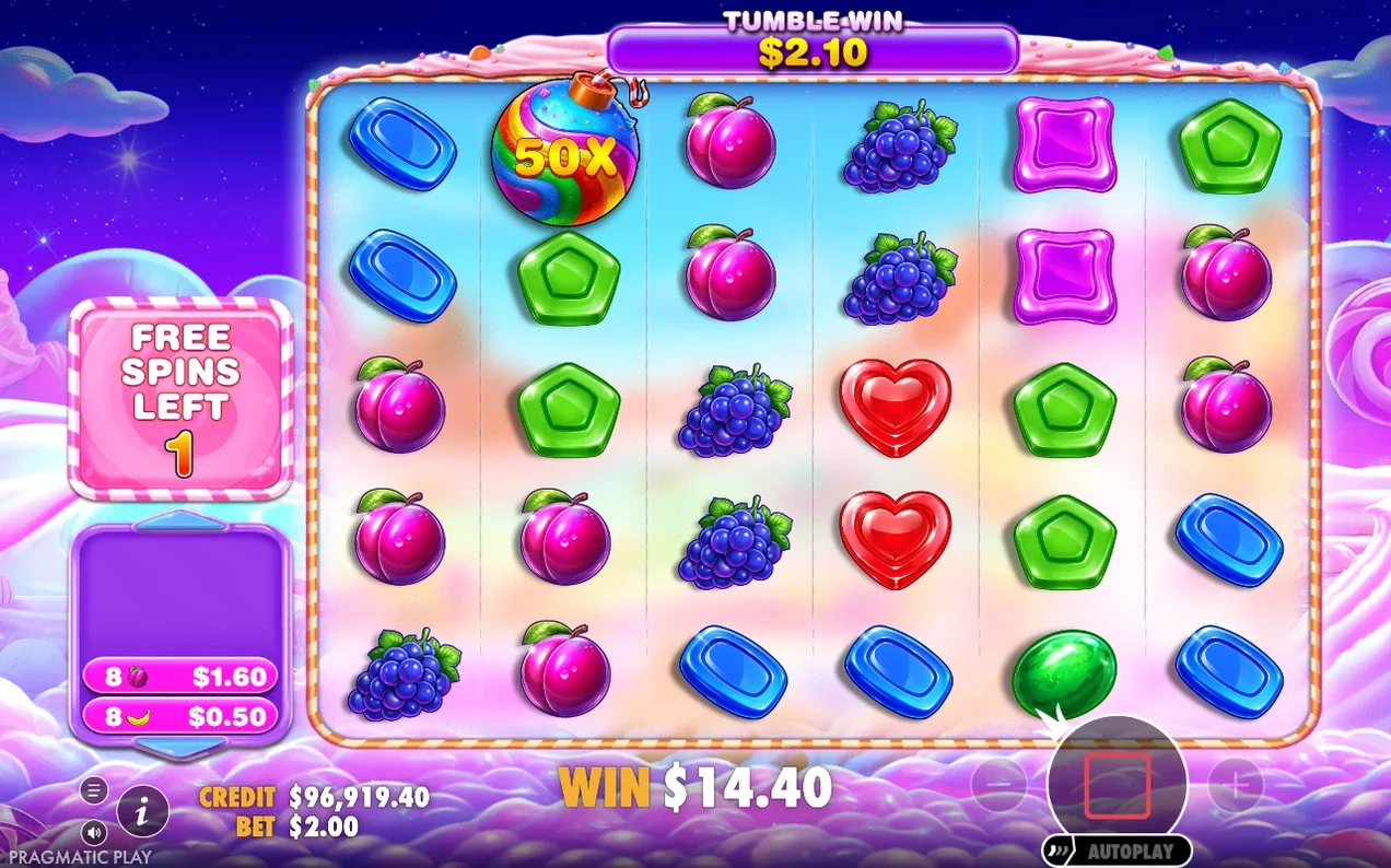 Rotire gratuită cu bombă 50X, tumble win 2,10 $, o rotire rămasă, câștig total 14,40 $, credit 96.919,40 $