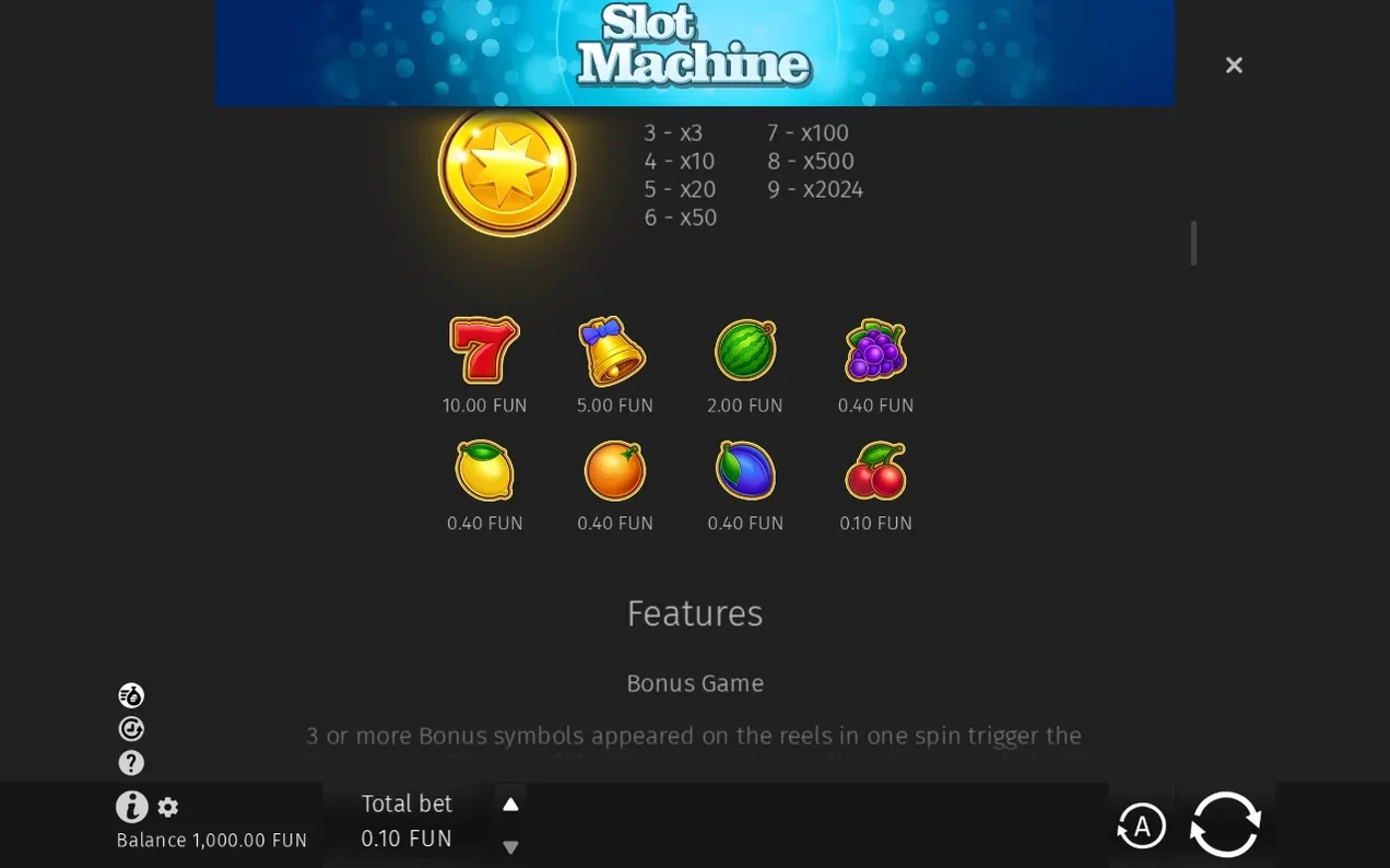 Tabelul de plăți arată simbolurile de la 7 roșu (10.00 FUN) la cireșe (0.10 FUN) și scala bonus de la x3 la x2024.