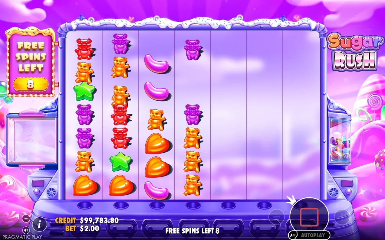 Simboluri cu ursuleți și fasole de jeleu pe fundal mov, contor Free Spins Left 8 în stânga.