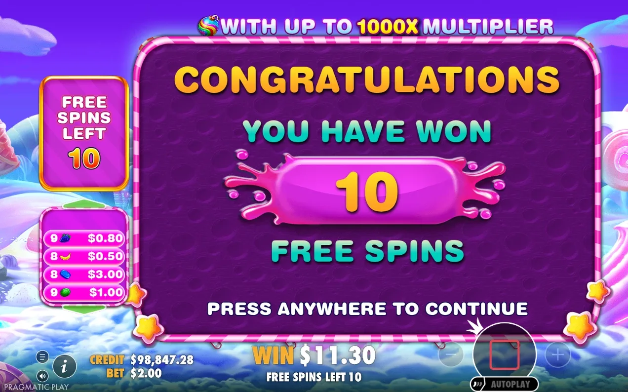 Anunț de rotiri gratuite: 10 rotiri câștigate, banner 1000x multiplicator, câștig 11,30 $.