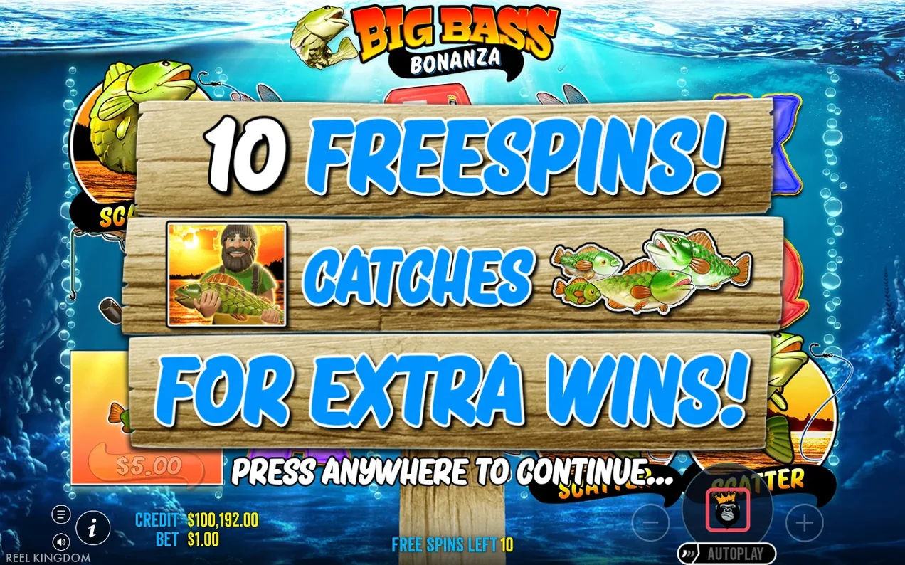 Bannerul 10 FREESPINS! cu pescarul Wild și trei pești verzi, anunțând runda bonus