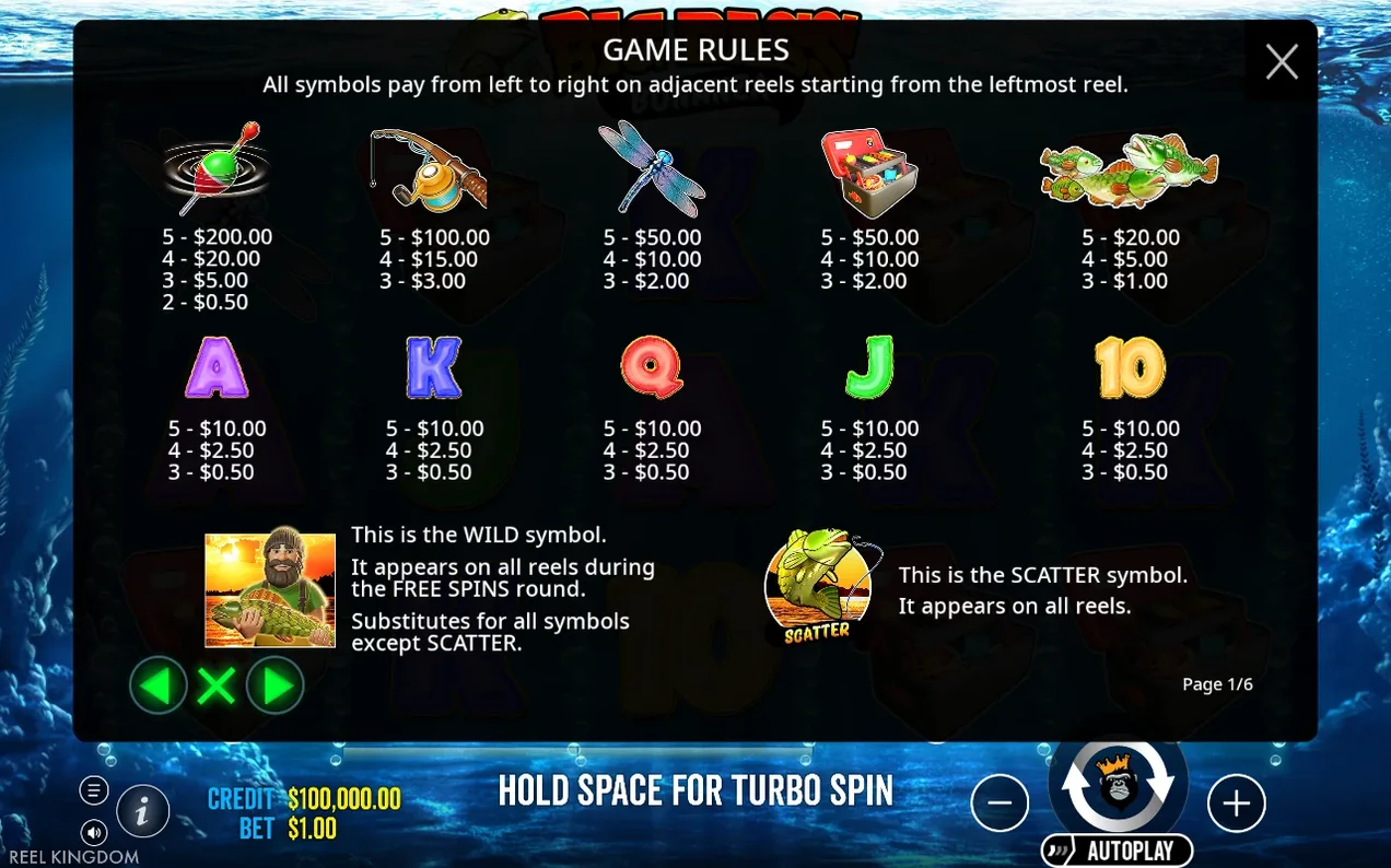 Panoul Game Rules, pagina 1/6, detaliază plățile simbolurilor și explică Wild și Scatter