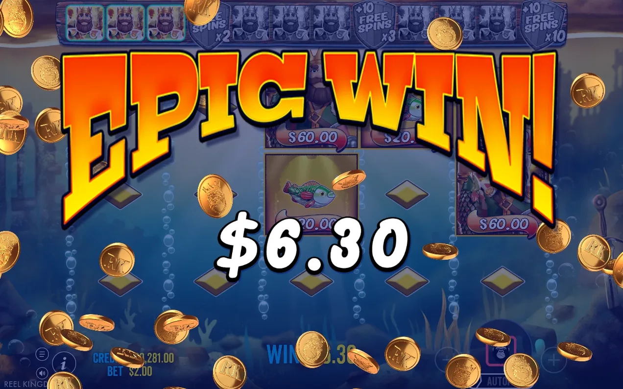 Banner EPIC WIN cu câștig $6.30, simboluri pește $60 și $20, monede de aur căzând sub apă.