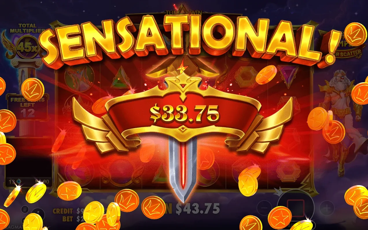 Ecran SENSATIONAL cu câștig $33,75, multiplicator total 45x și 12 rotiri gratuite rămase.