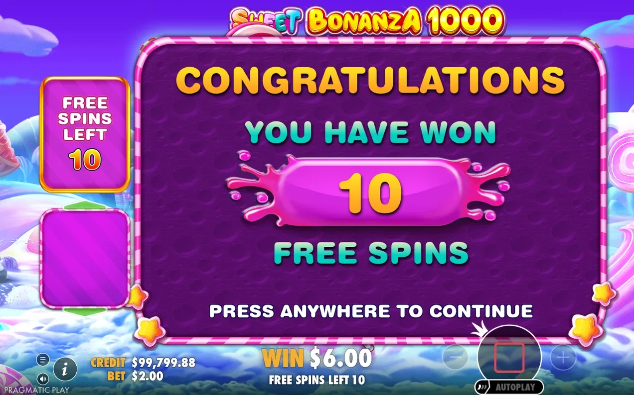 Ecran de felicitare: 10 rotiri gratuite câștigate, câștig curent 6,00 $, credit 99.799,88 $.