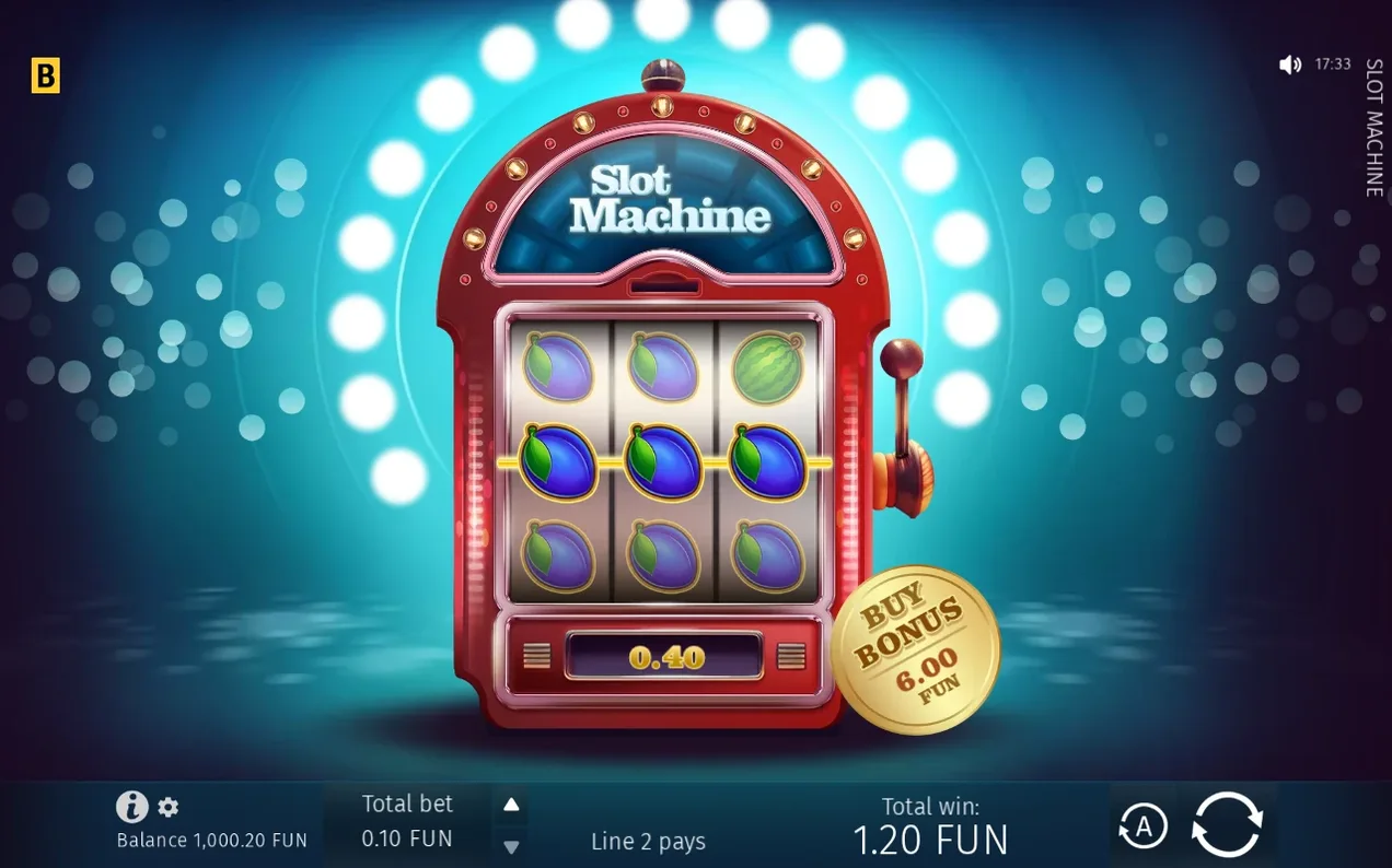 Trei prune aliniate pe rândul din mijloc plătesc Linia 2, câștig total 1.20 FUN la pariu 0.10 FUN.