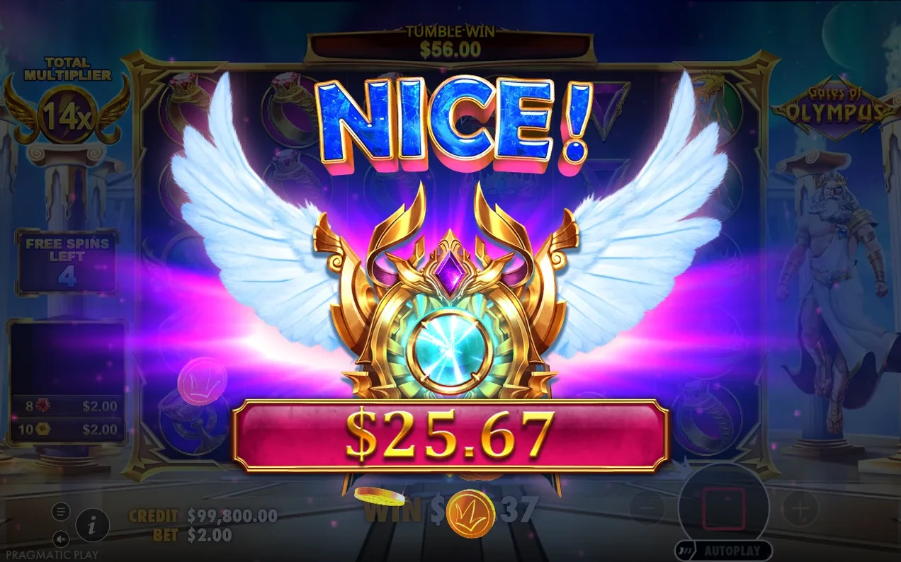 Ecran NICE cu emblemă aurie înaripată, total multiplier 14x, tumble win $56.00, câștig $25.67