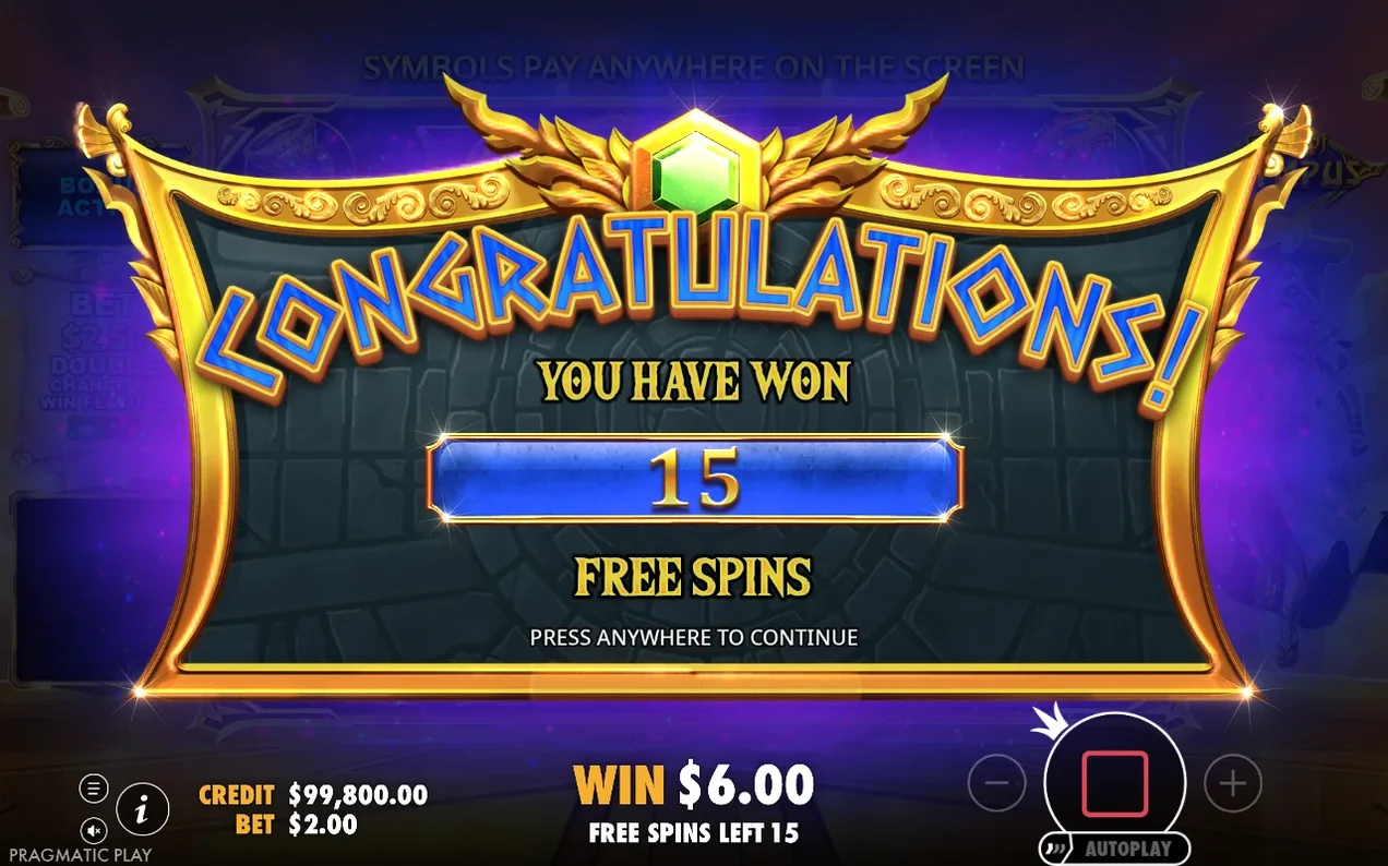 Banner auriu Congratulations: 15 free spins câștigate, câștig $6.00, pariu $2.00