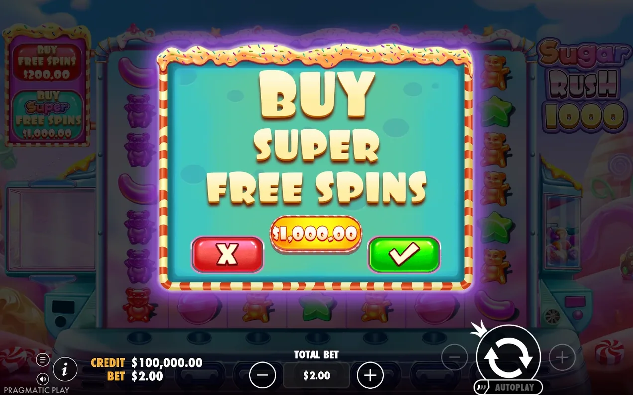 Popup cumpără Super Free Spins la $1.000,00, cu buton X roșu și bifă verde de confirmare