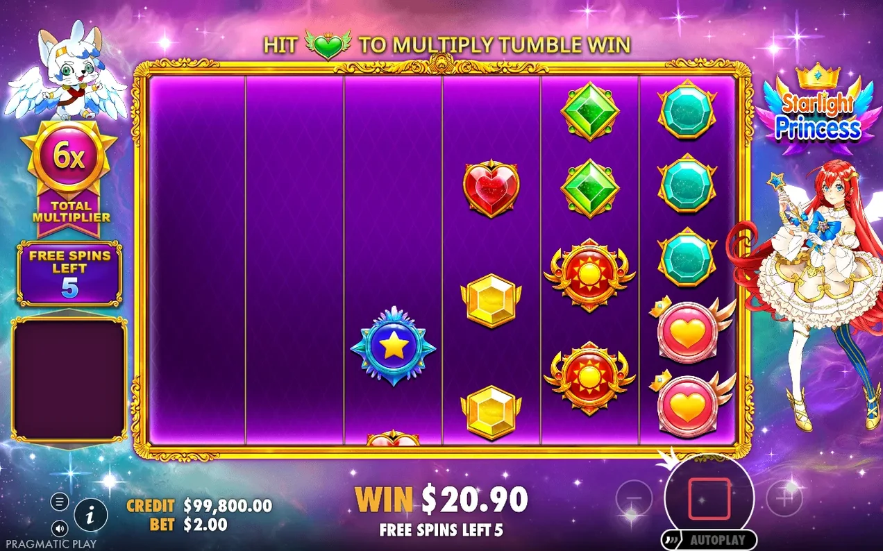 Rotiri gratuite: multiplicator total 6x, 5 rotiri rămase, câștig $20.90, fundal violet înstelat.