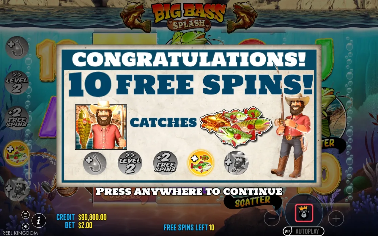 Fereastră „Congratulations! 10 Free Spins” cu pescarul, eticheta Catches și modificatorul pește evidențiat auriu.