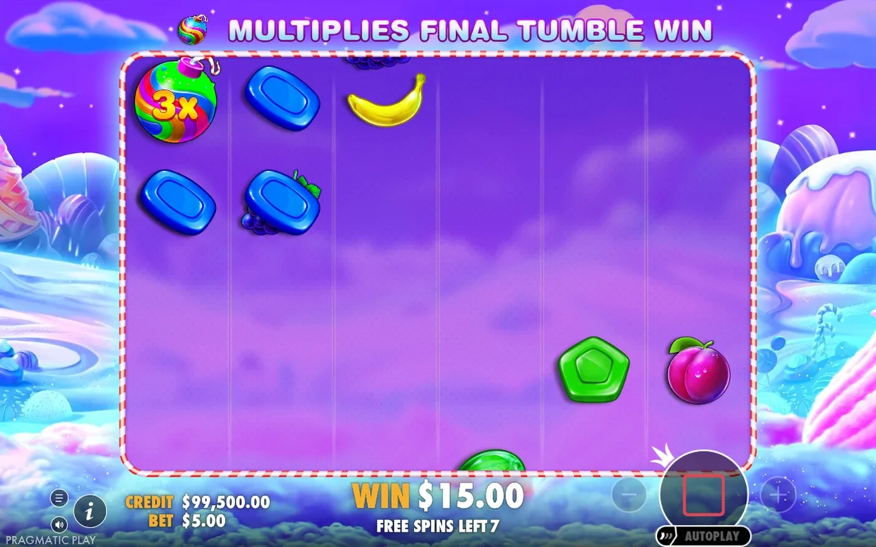 Simbol multiplicator bombă rainbow cu valoarea 3x, vizibil doar în runda de rotiri gratuite.