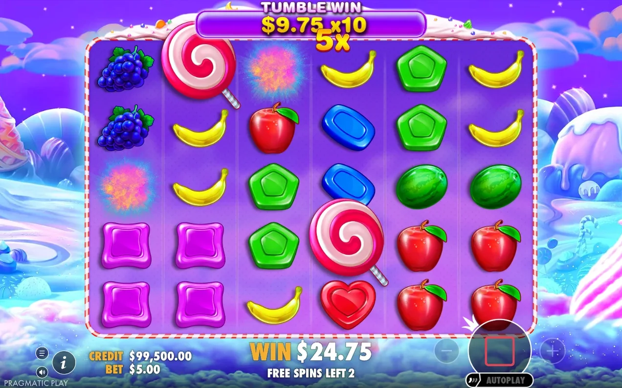 Tumble Win $9.75 x10, multiplicator 5x, fundal violet de free spins, mai rămân 2 rotiri gratuite.