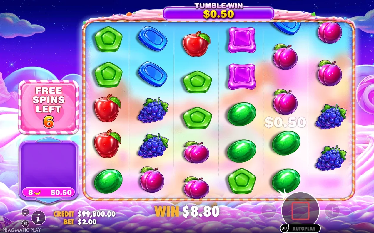 Grilă de bază cu tumble win 0,50 $, 6 rotiri gratuite rămase, câștig total 8,80 $, miză 2,00 $
